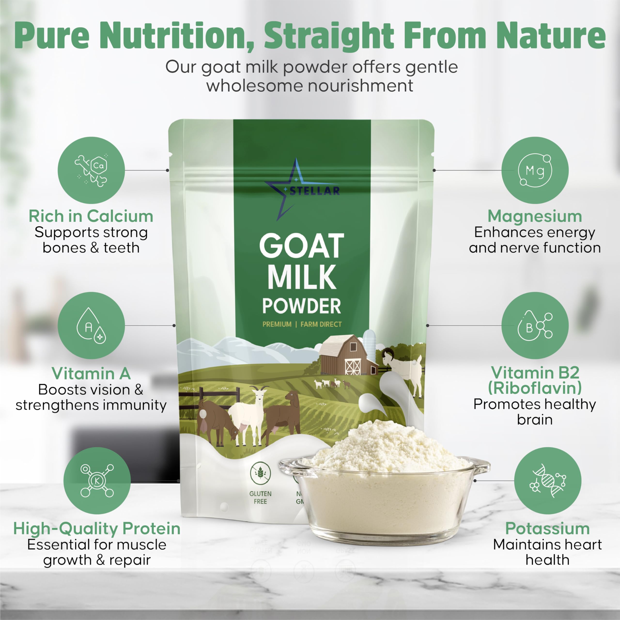 STELLAR Goat Milk Powder pet topper for dogs and cats.