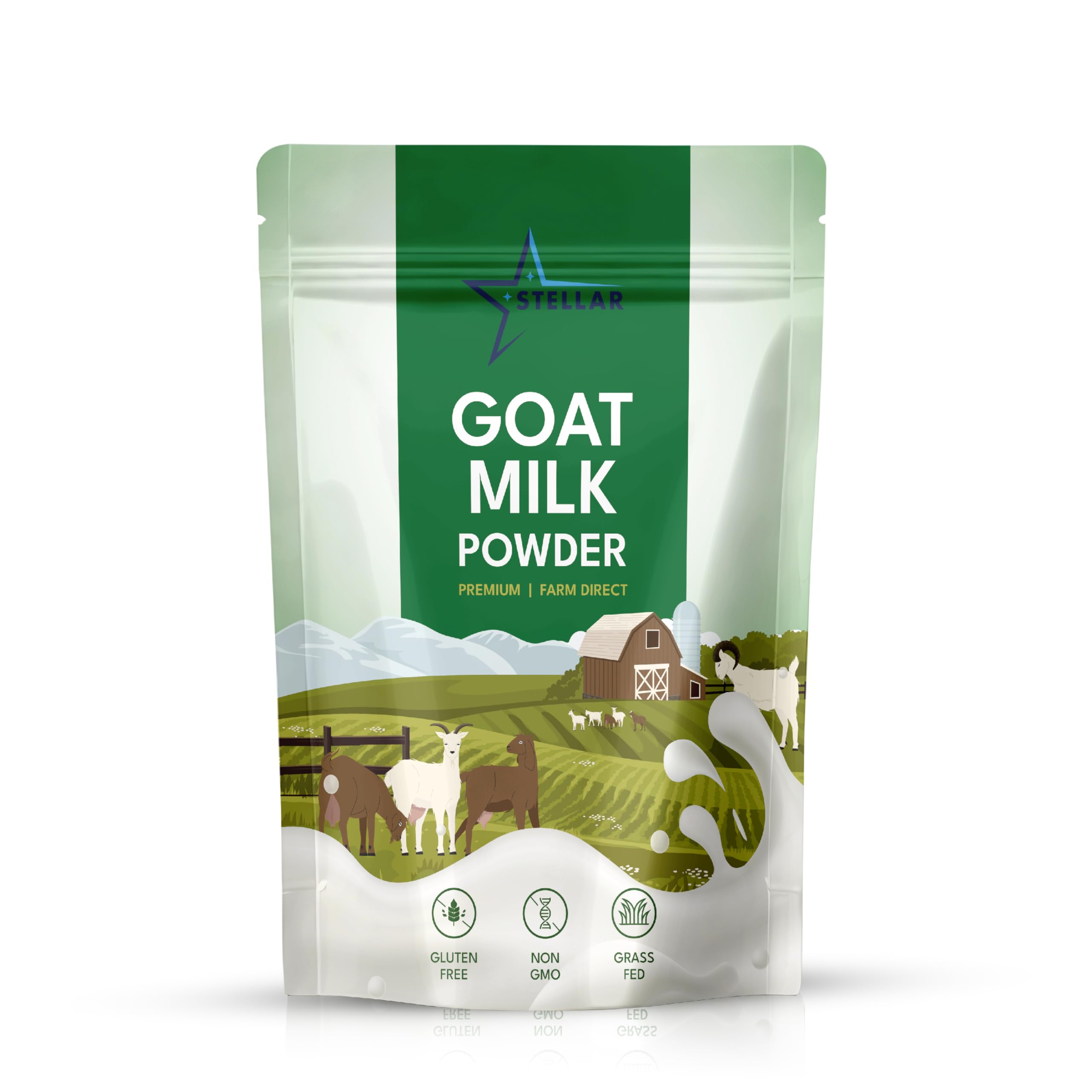 STELLAR Goat Milk Powder pouch front, resealable for easy daily use.
