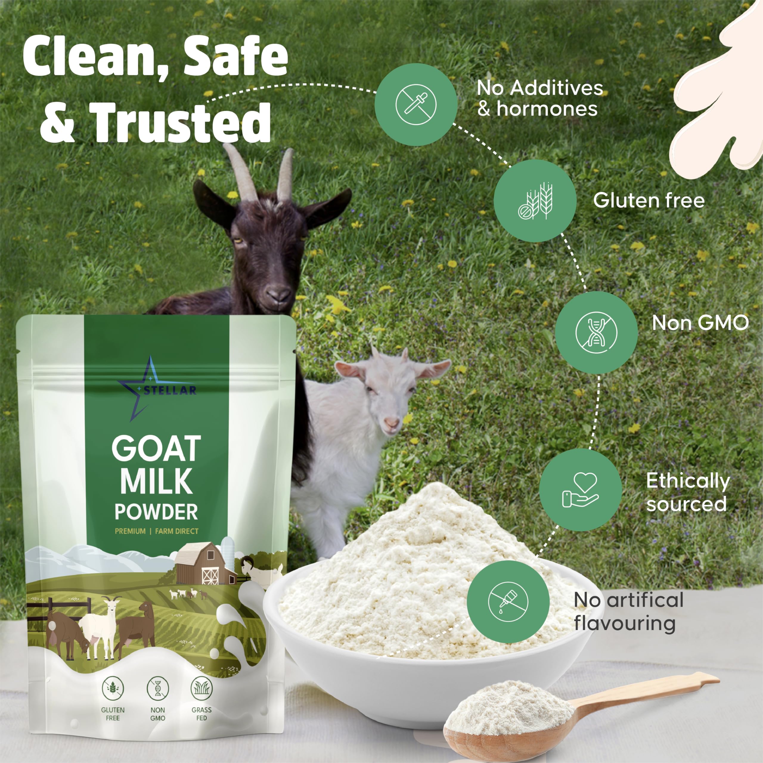 STELLAR Goat Milk Powder shelf-stable packaging for long storage.
