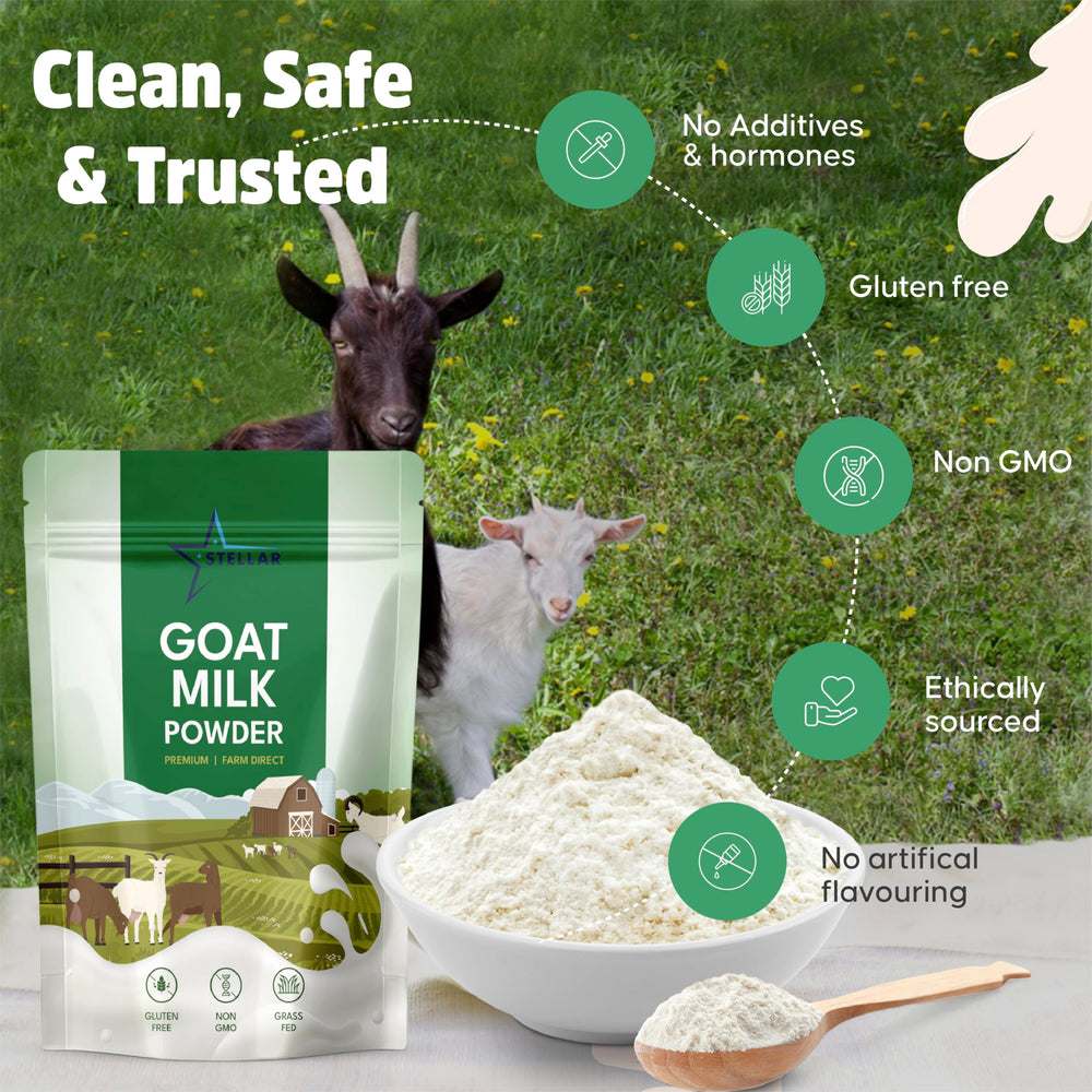 STELLAR Goat Milk Powder shelf-stable packaging for long storage.