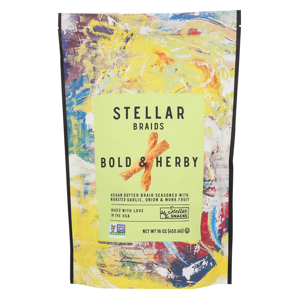 STELLAR SNACKS Bold & Herby pretzels bag front view for grab-and-go snacking.