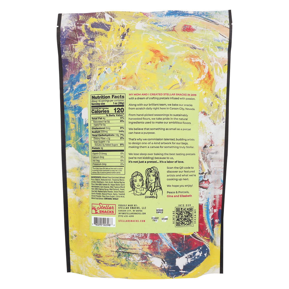STELLAR SNACKS Bold & Herby pretzels close-up seasoning details highlight herbs.
