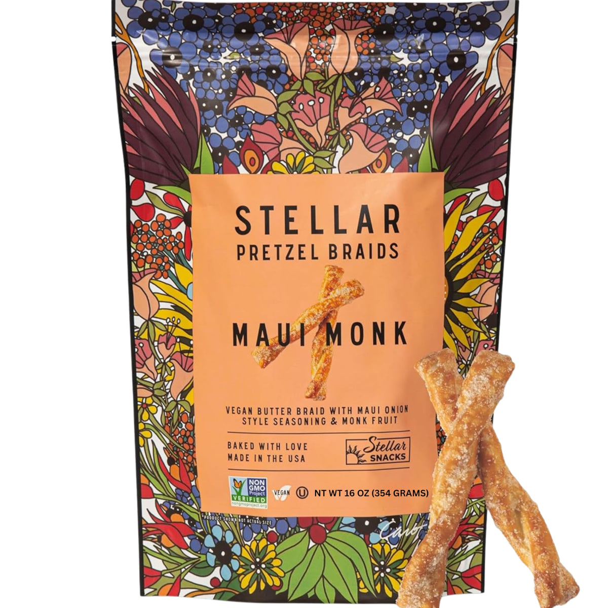 Stellar Snacks Maui Monk bag open showing vegan pretzel sticks for on-the-go snacking.