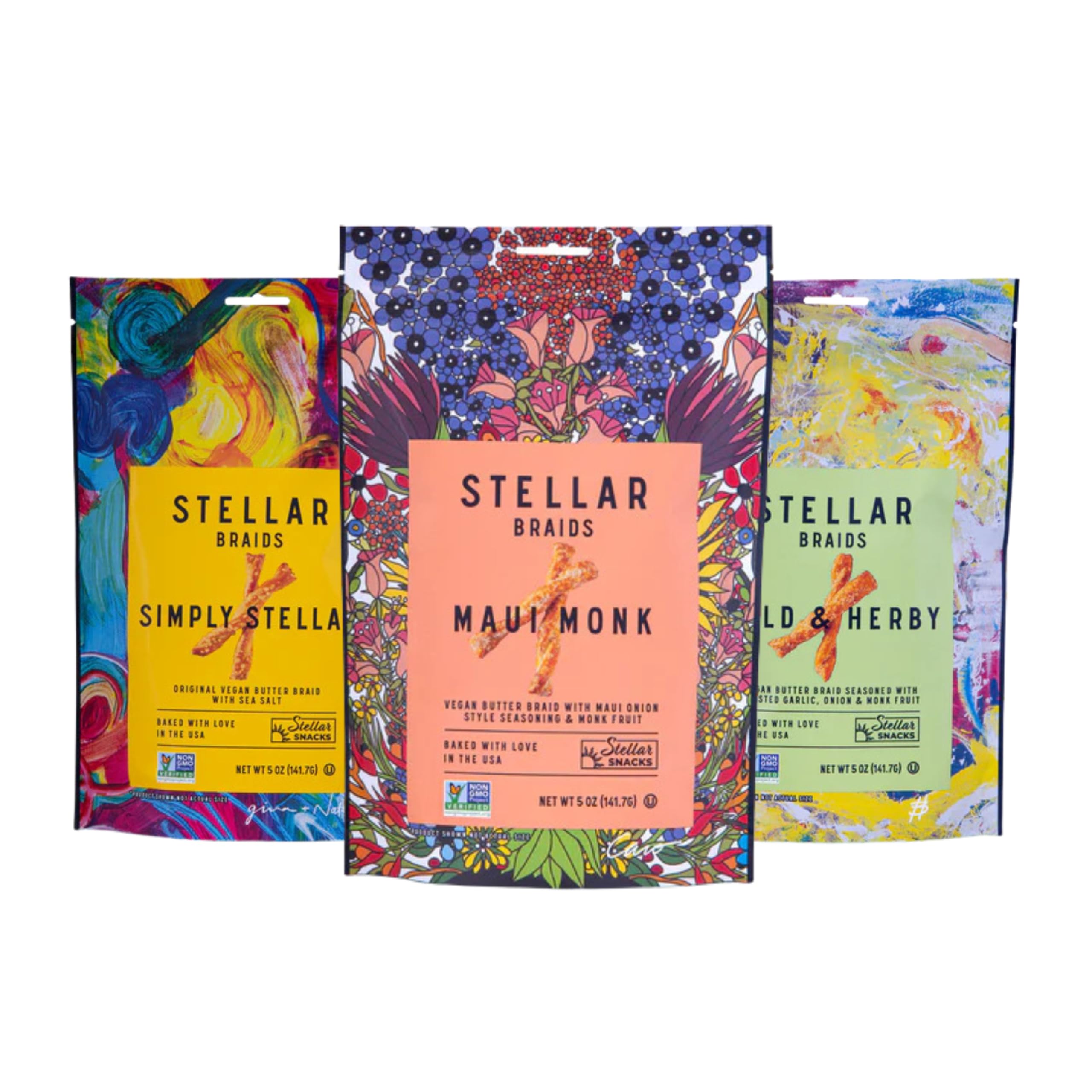 Stellar Snacks Maui Monk bag with portable vegan pretzels for on-the-go snacking