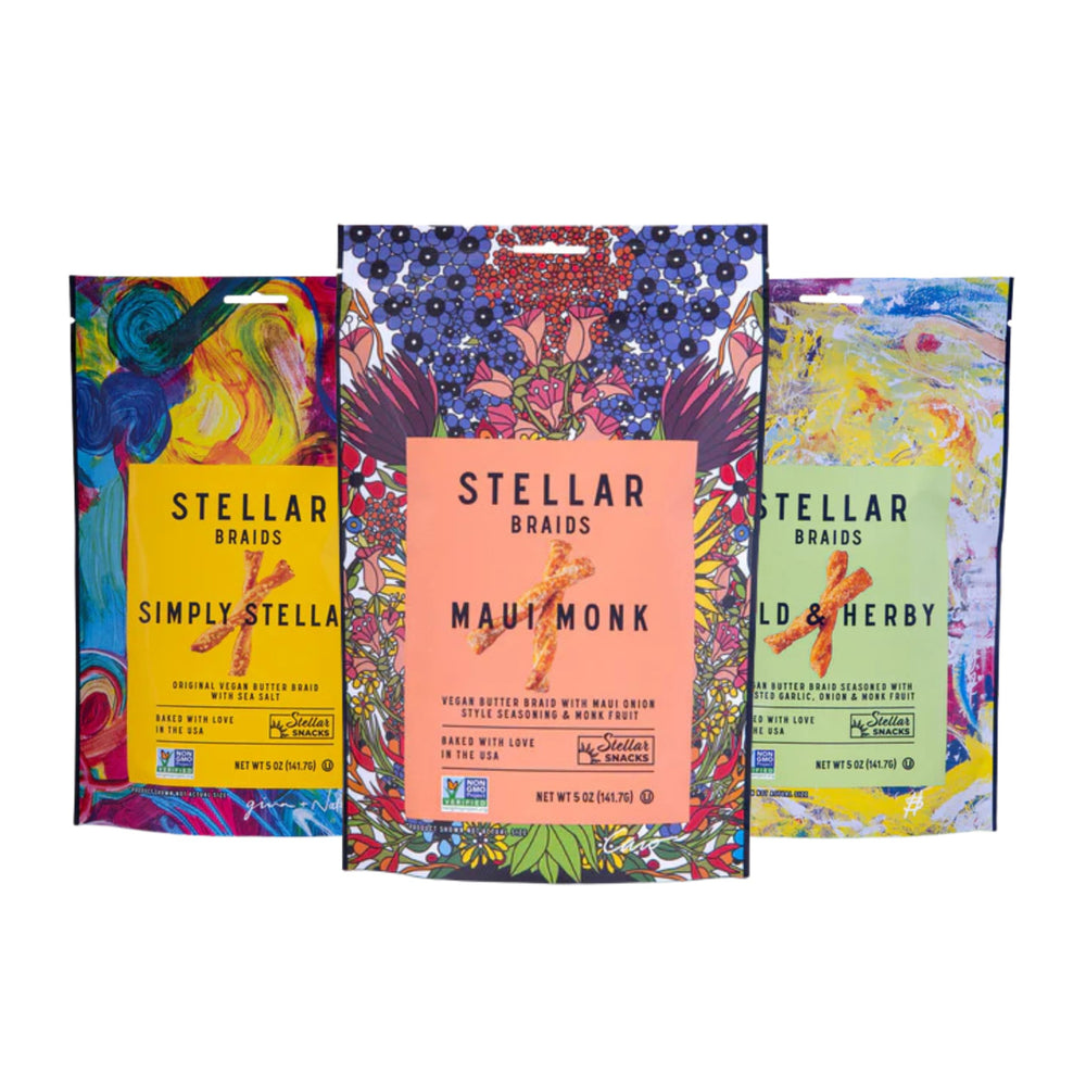 Stellar Snacks Maui Monk bag with portable vegan pretzels for on-the-go snacking
