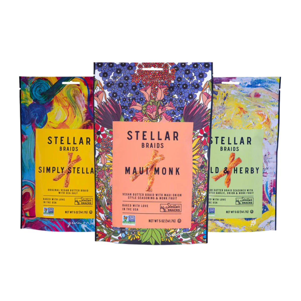 Stellar Snacks Maui Monk bag with portable vegan pretzels for on-the-go snacking