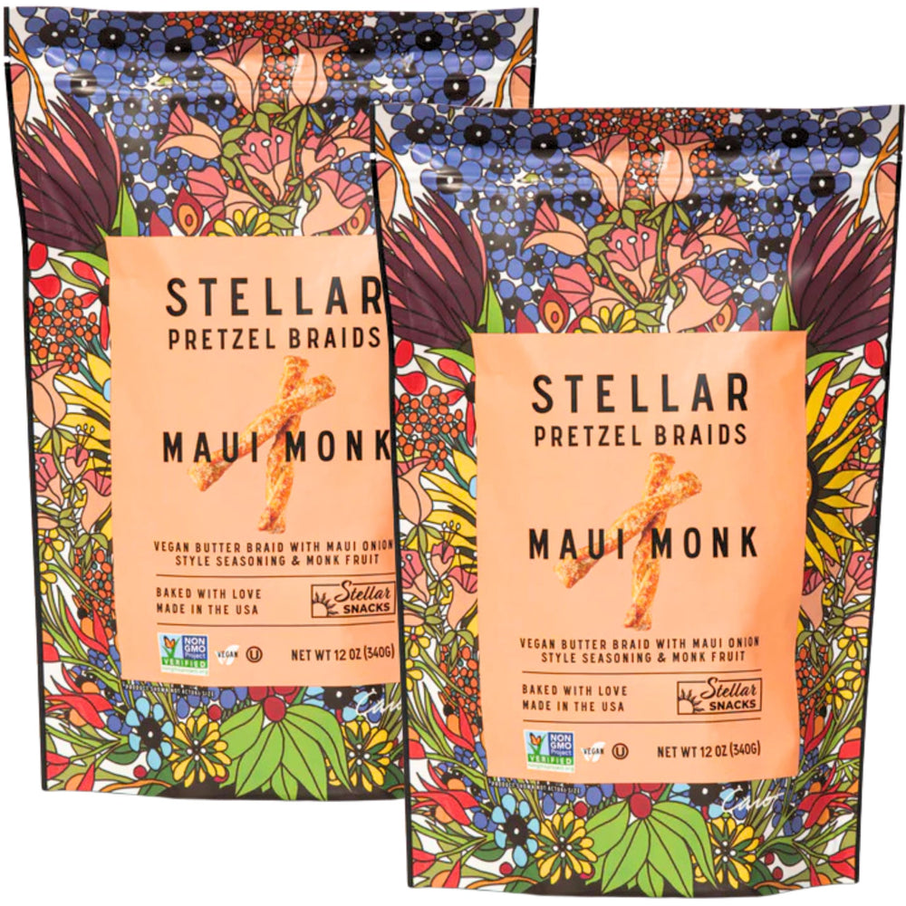 Stellar Snacks Maui Monk pretzel braids pack shot with two vegan 12 oz bags for on-the-go snacking.