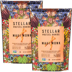 Stellar Snacks Maui Monk pretzel braids pack shot with two vegan 12 oz bags for on-the-go snacking.