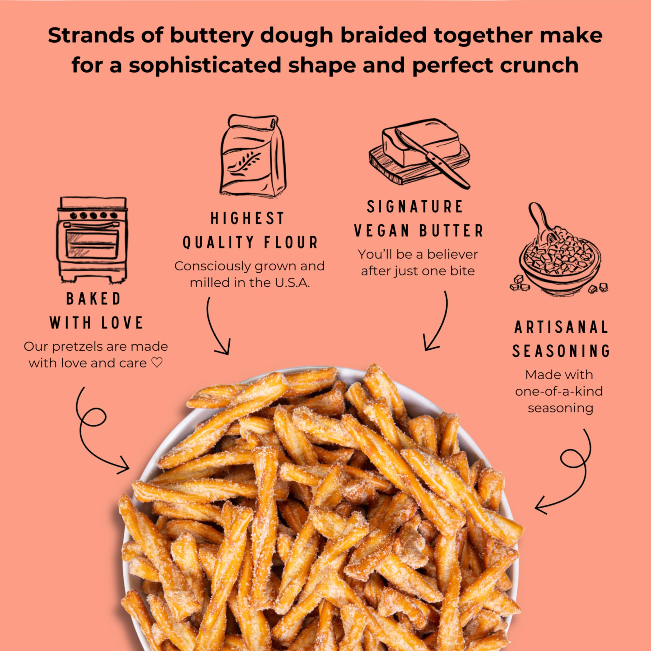 Stellar Snacks Maui Monk pretzel braids sustainability scene highlighting vegan, kosher, non-GMO credentials.