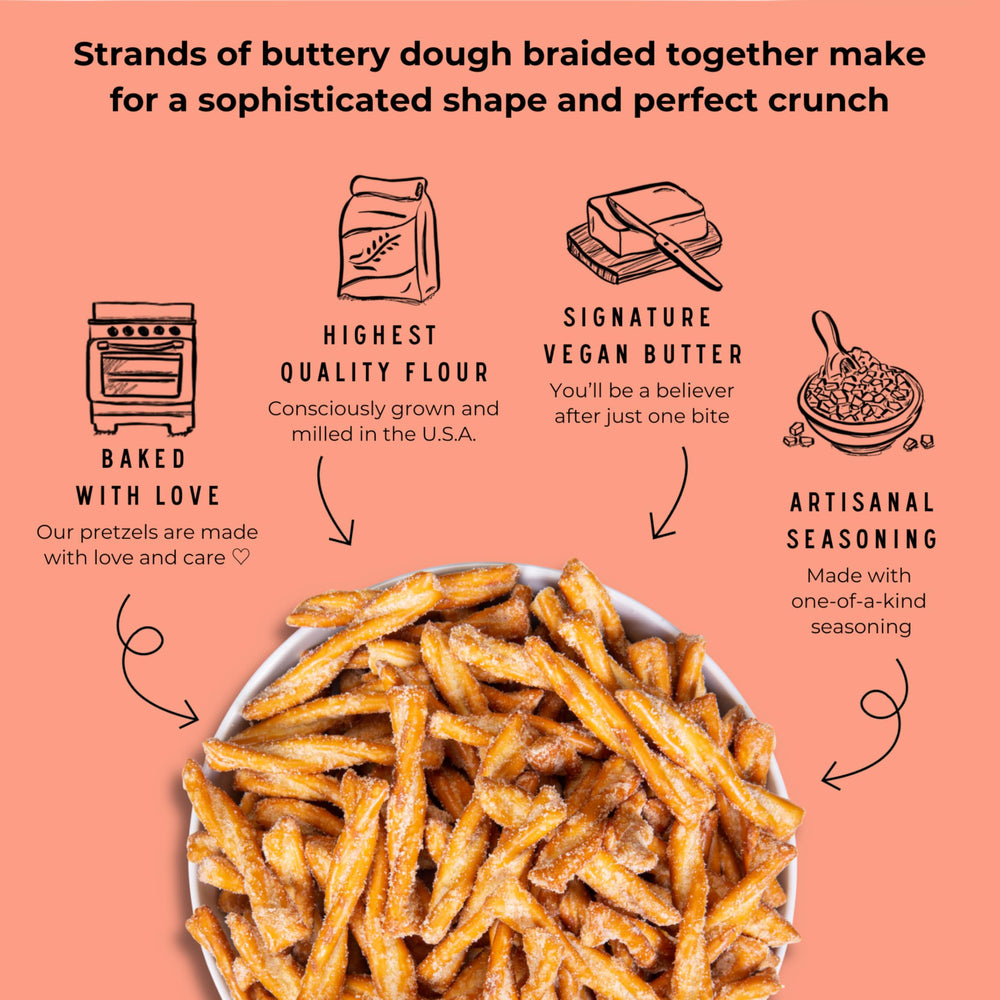 Stellar Snacks Maui Monk pretzel braids sustainability scene highlighting vegan, kosher, non-GMO credentials.