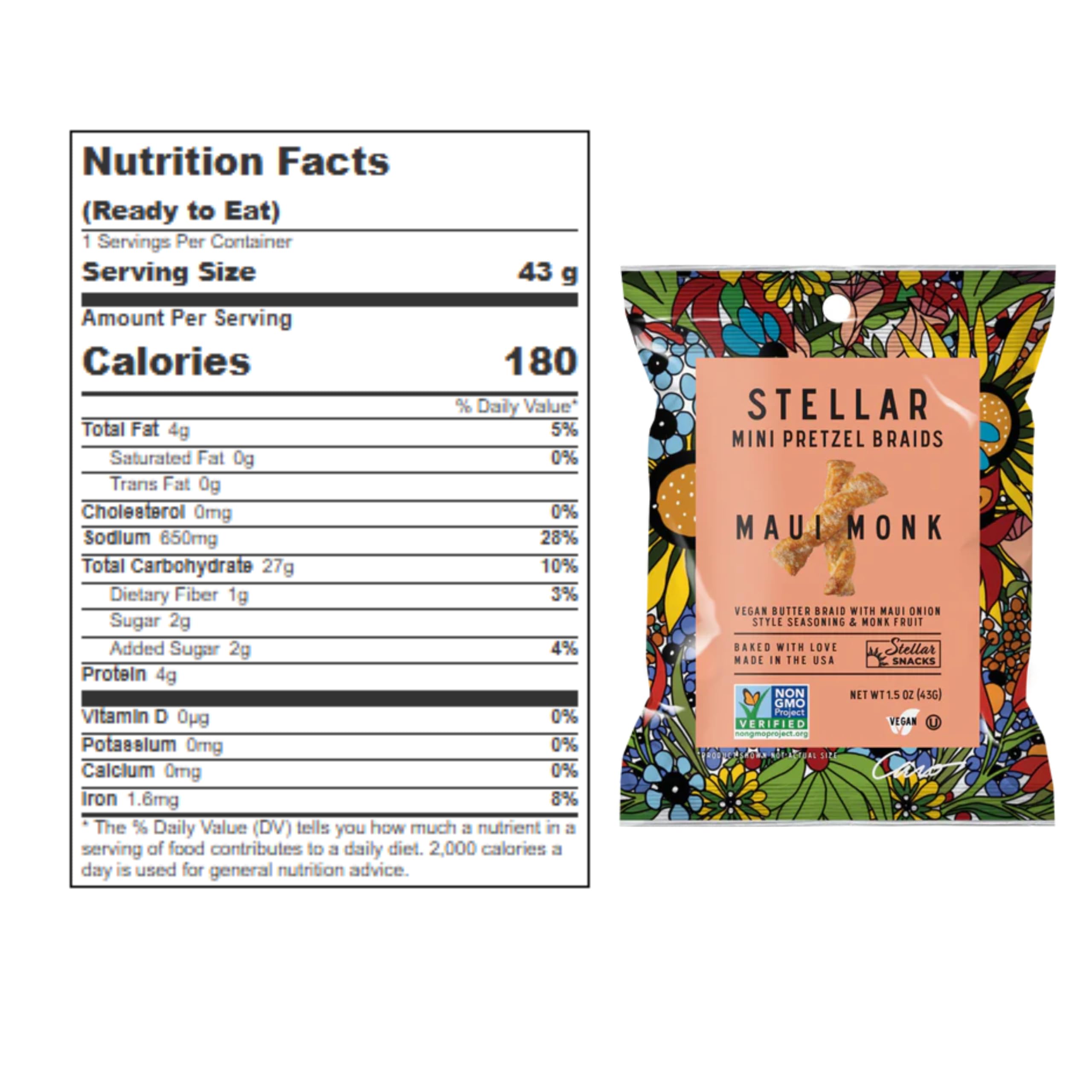 Non-GMO and peanut-free icon with Stellar Snacks pretzel braids imagery