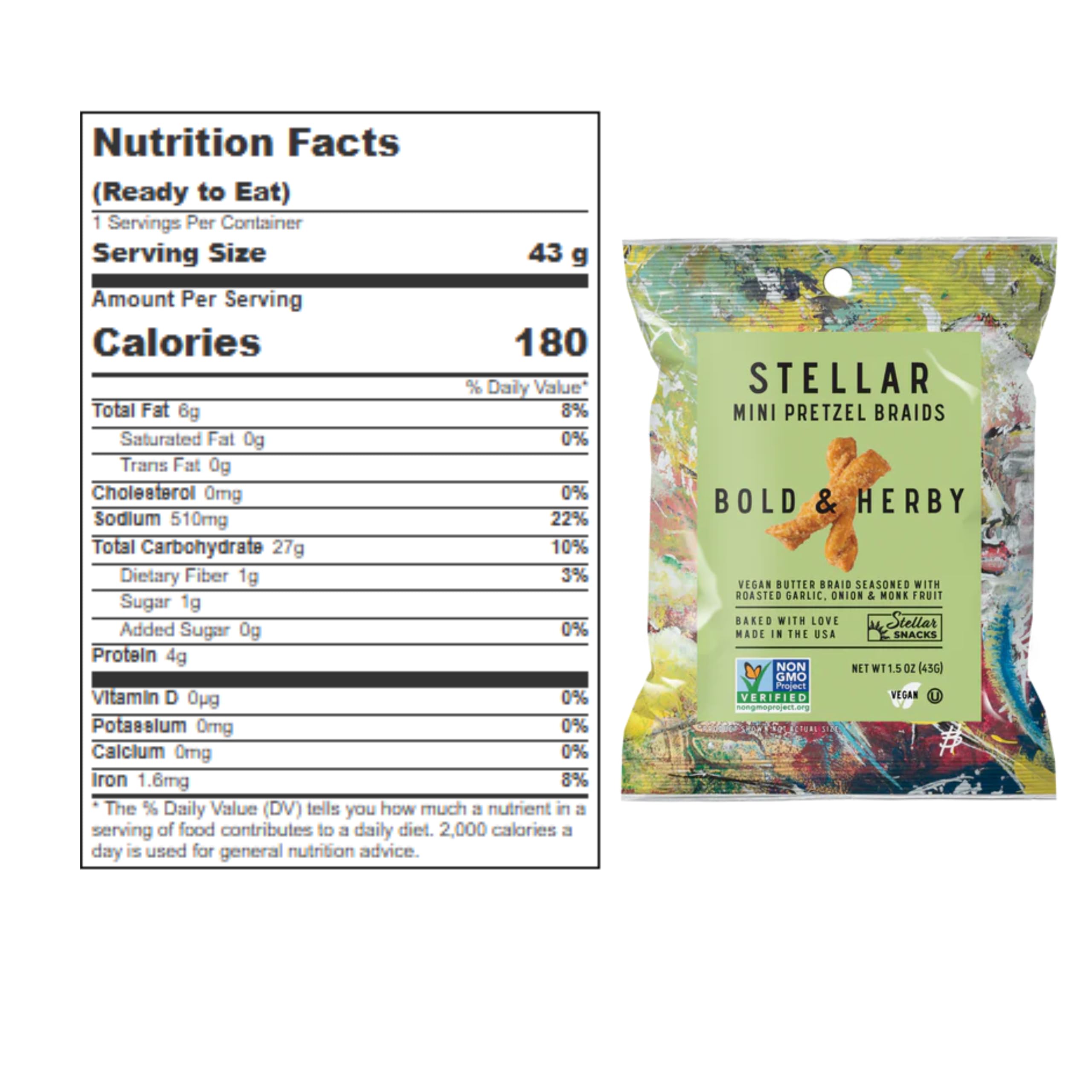 Vegan and kosher label visible on Stellar Snacks pretzel braids packaging