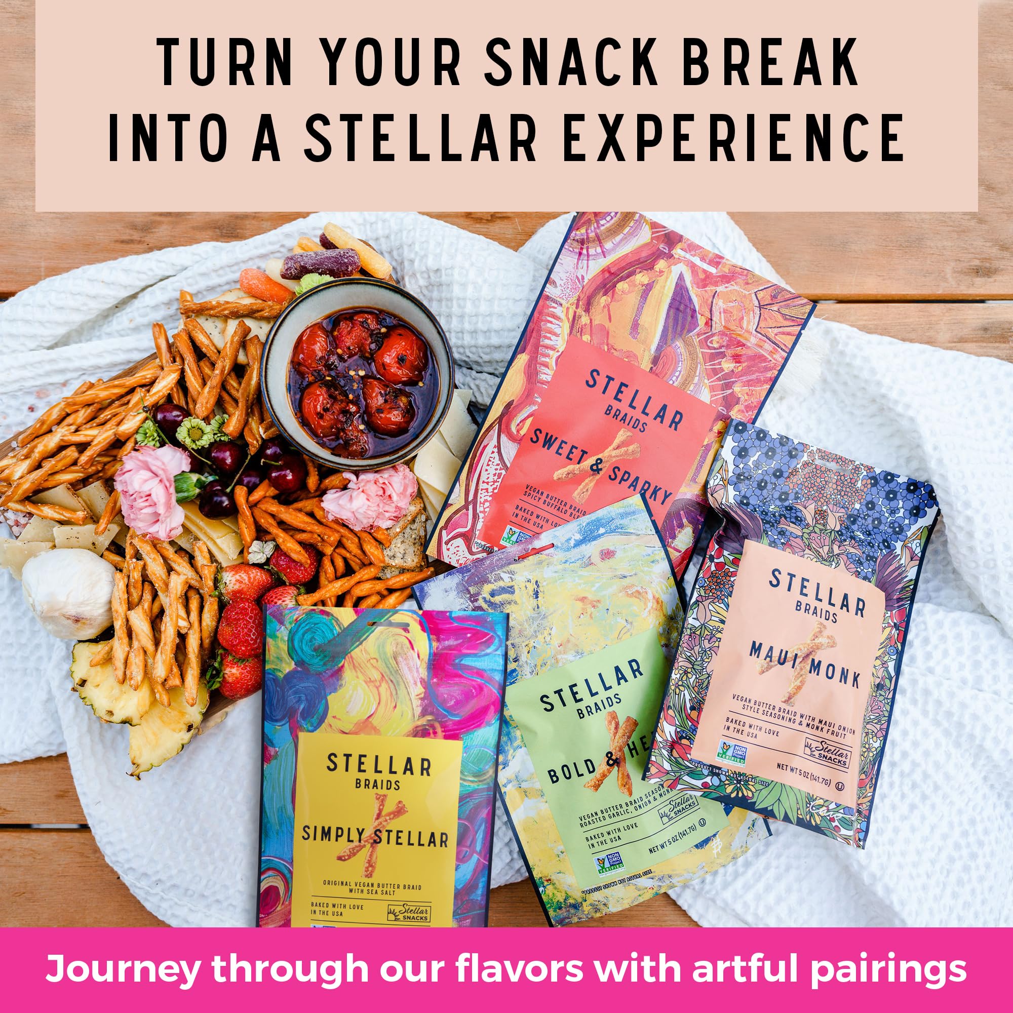 Stellar Snacks Maui Monk Sweet Onion flavor highlighted in ingredient panel for transparency.