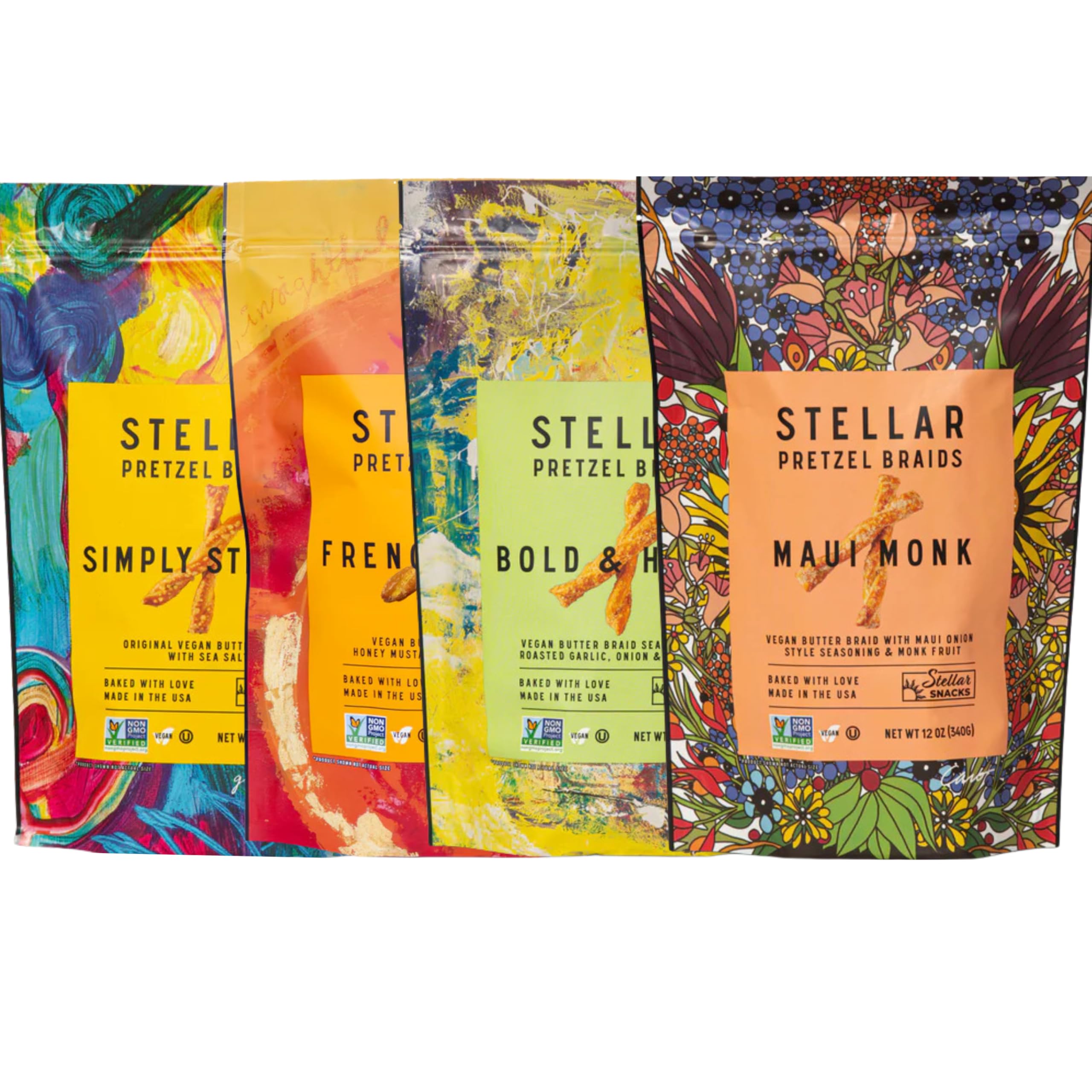 Stellar Snacks Maui Monk pretzel braids in bag, ideal for on-the-go snacking