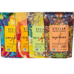 Stellar Snacks Maui Monk pretzel braids in bag, ideal for on-the-go snacking