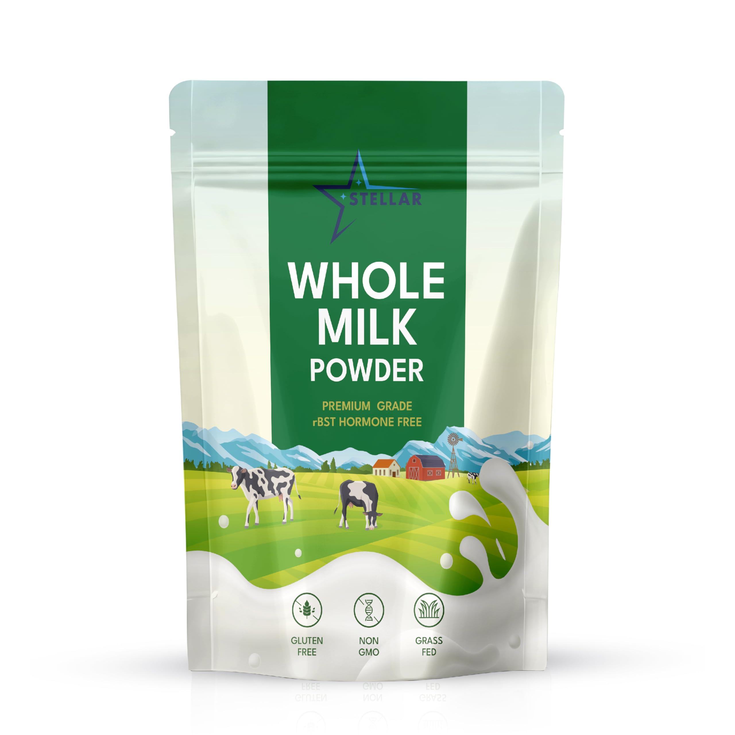 Stellar Whole Milk Powder front label highlighting grass fed dairy and shelf life