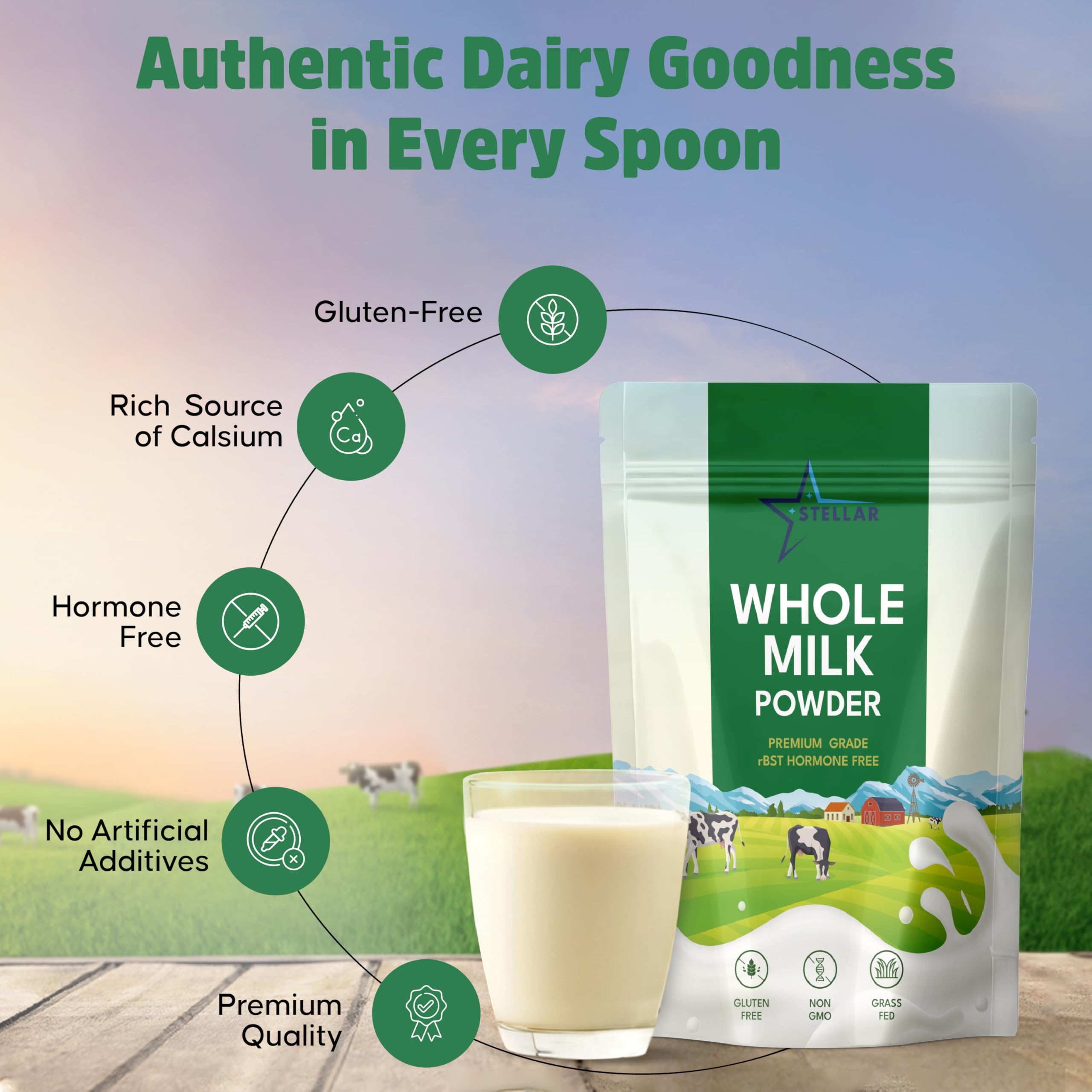 Stellar Whole Milk Powder reconstituted into milk in a glass