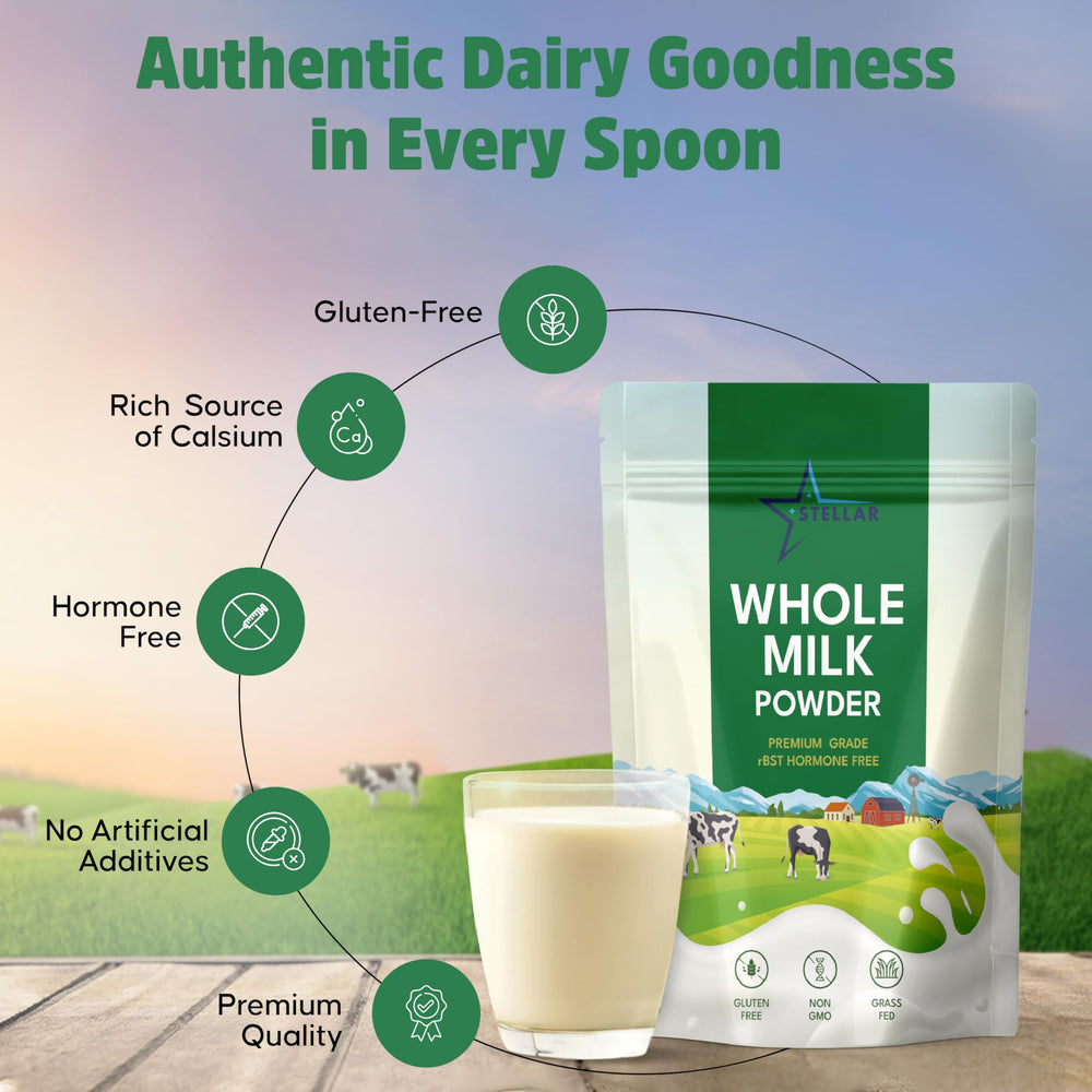 Stellar Whole Milk Powder reconstituted into milk in a glass