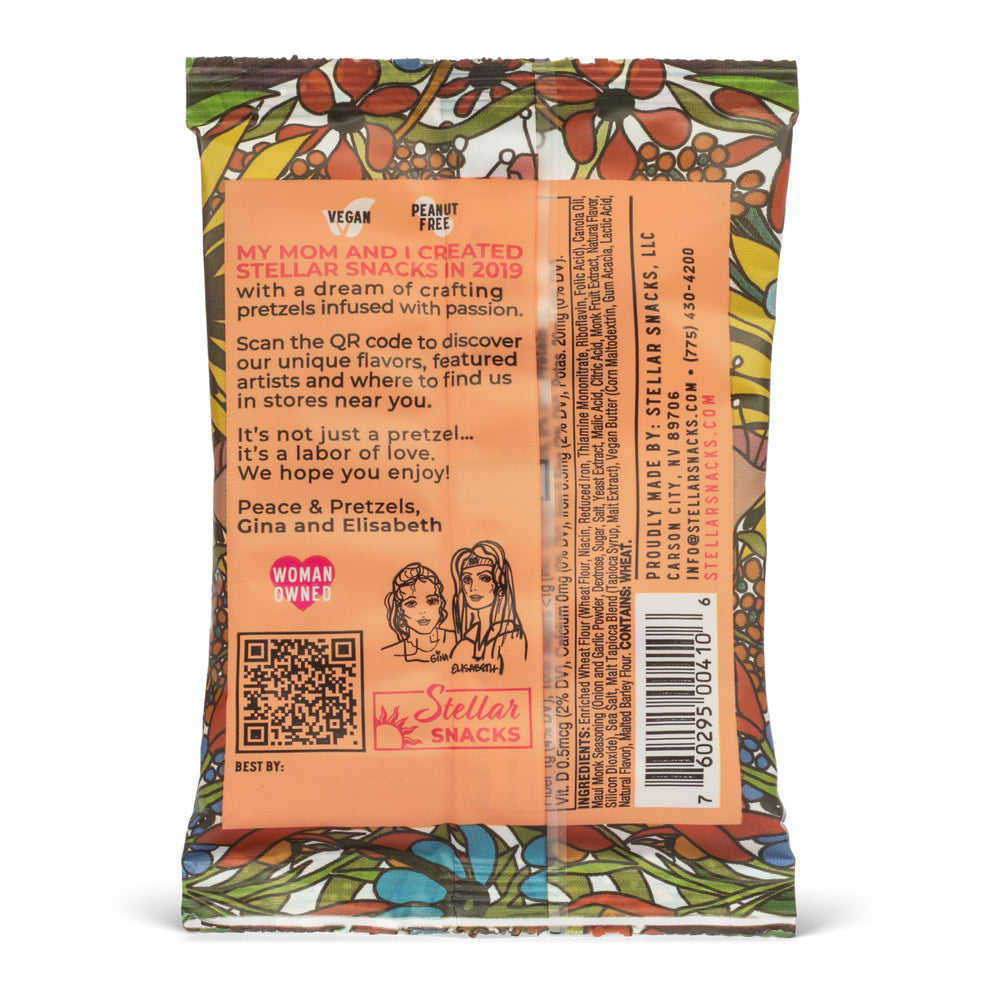 Close-up of Maui Monk bag highlighting compact vegan snack packaging