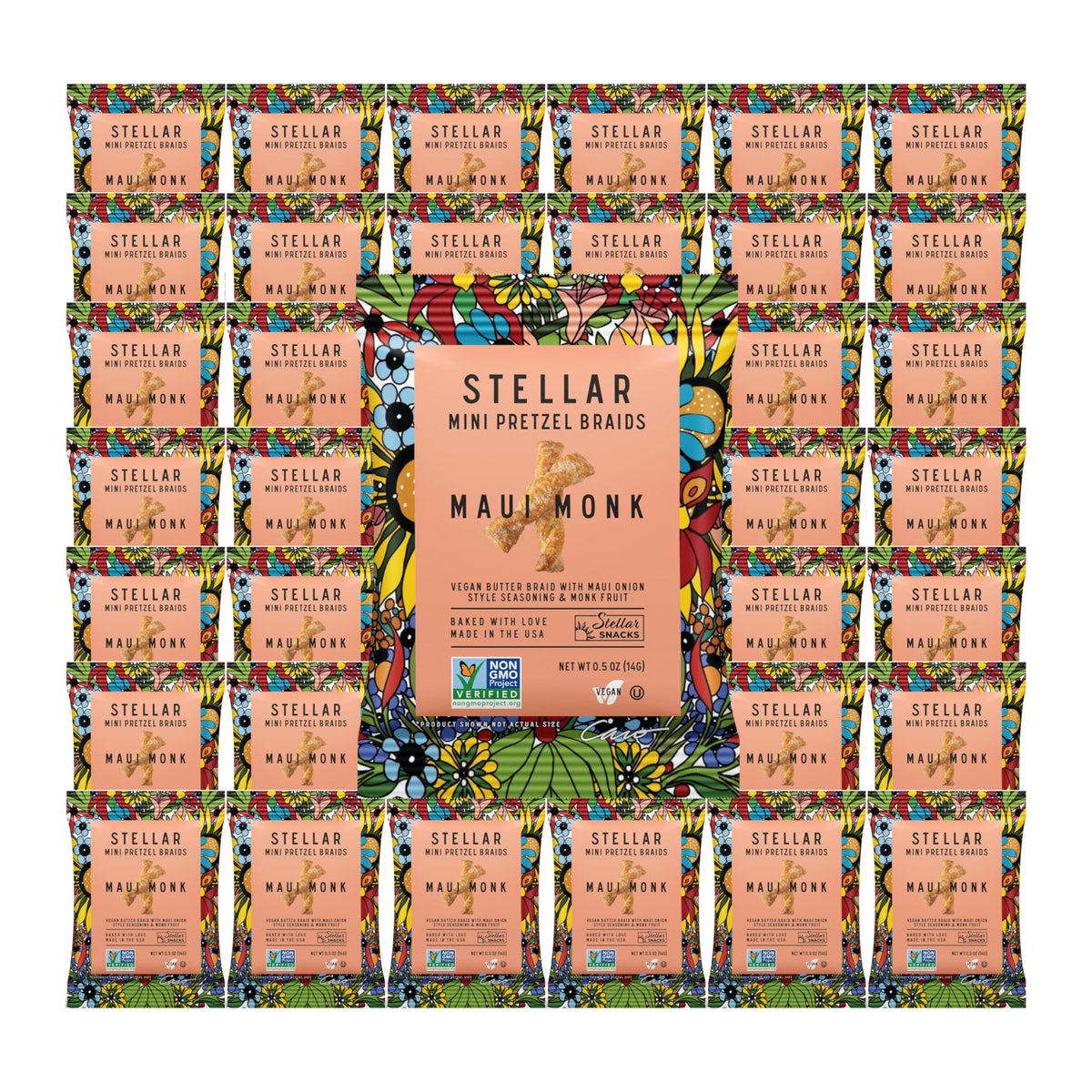 STELLAR SNACKS Maui Monk mini pretzel braids pack shown as a convenient vegan snack