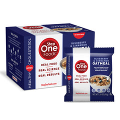 Step One Blueberry Cinnamon Oatmeal pack front, convenient heart-healthy snack.