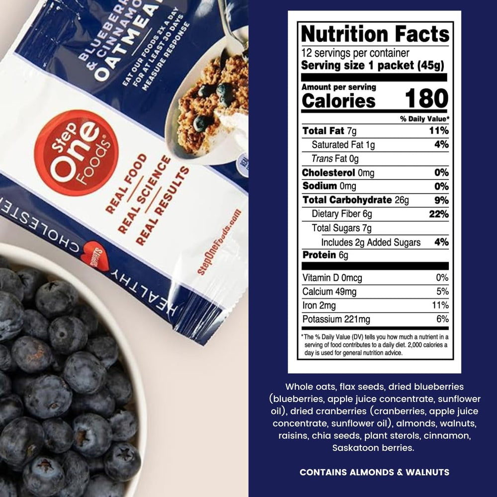 Step One Blueberry Cinnamon Oatmeal serving cup ready for breakfast or snack.