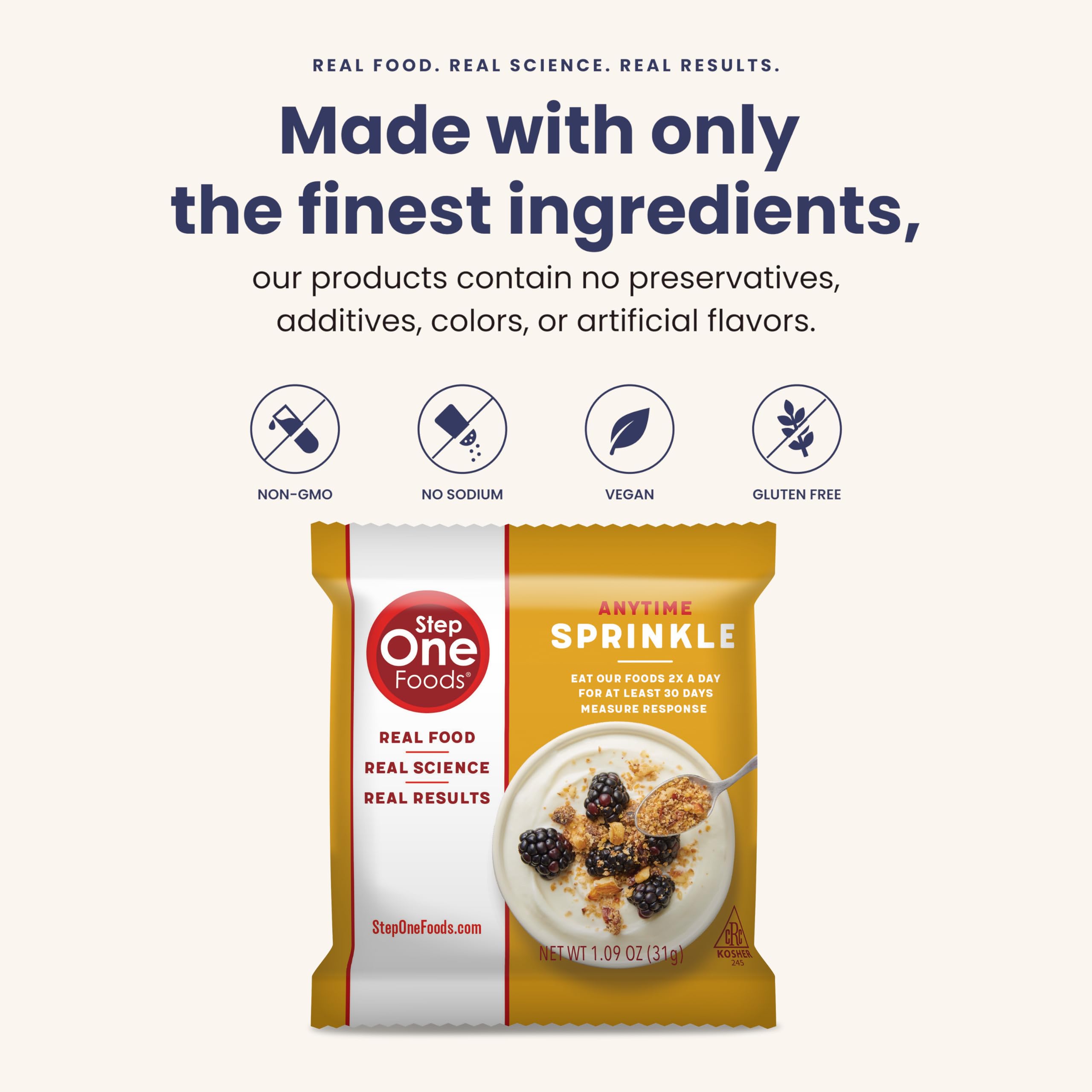 Step One Foods Anytime Sprinkle almond-walnut closeup highlights nutty texture and richness.