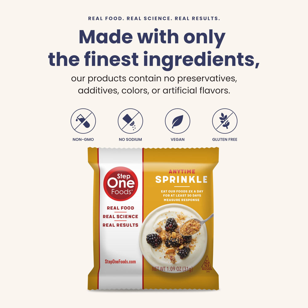Step One Foods Anytime Sprinkle almond-walnut closeup highlights nutty texture and richness.