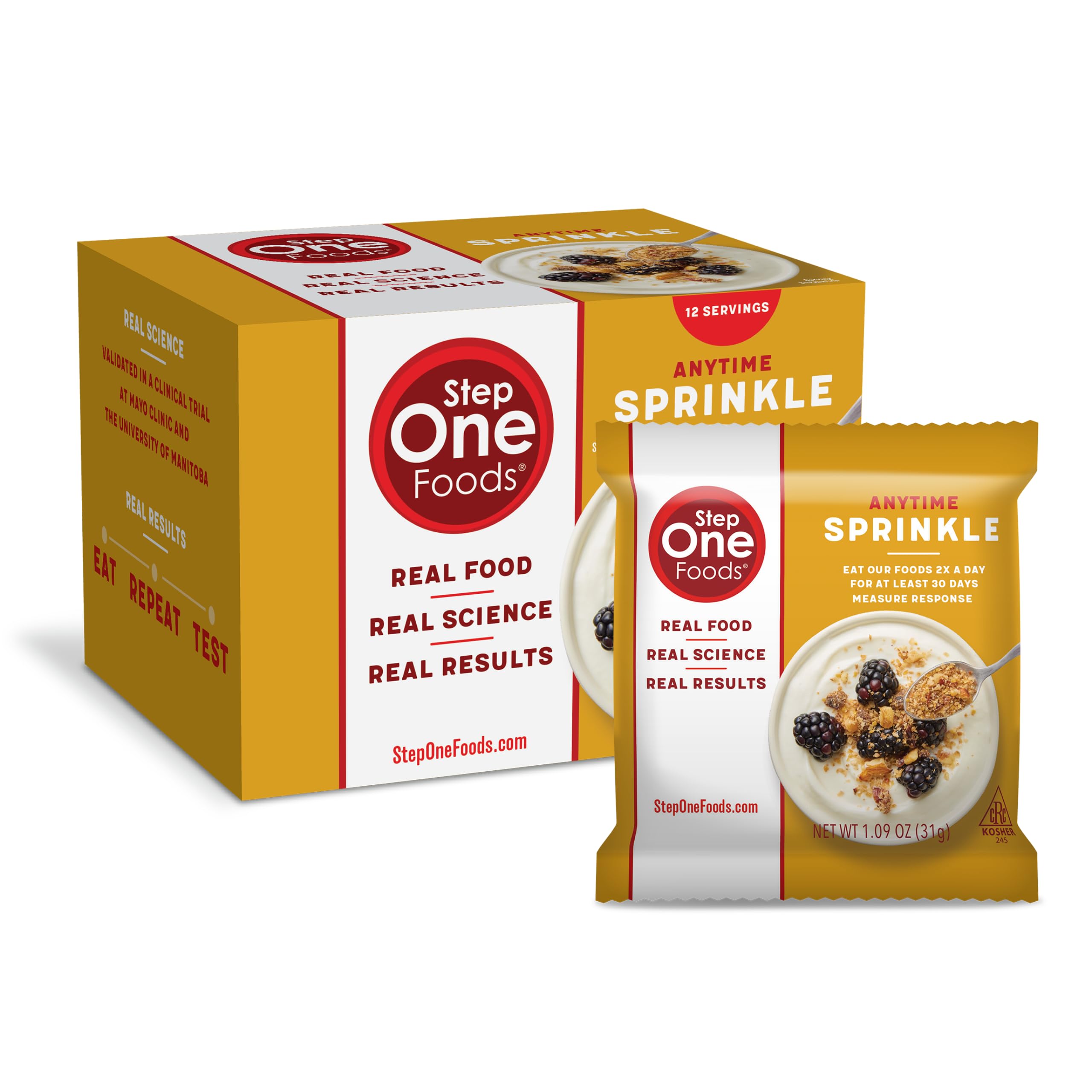 Step One Foods Anytime Sprinkle jar, convenient snacking with premium granola blend.