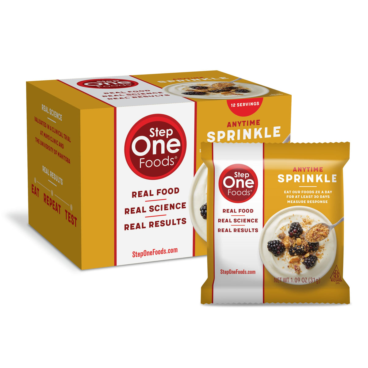 Step One Foods Anytime Sprinkle jar, convenient snacking with premium granola blend.