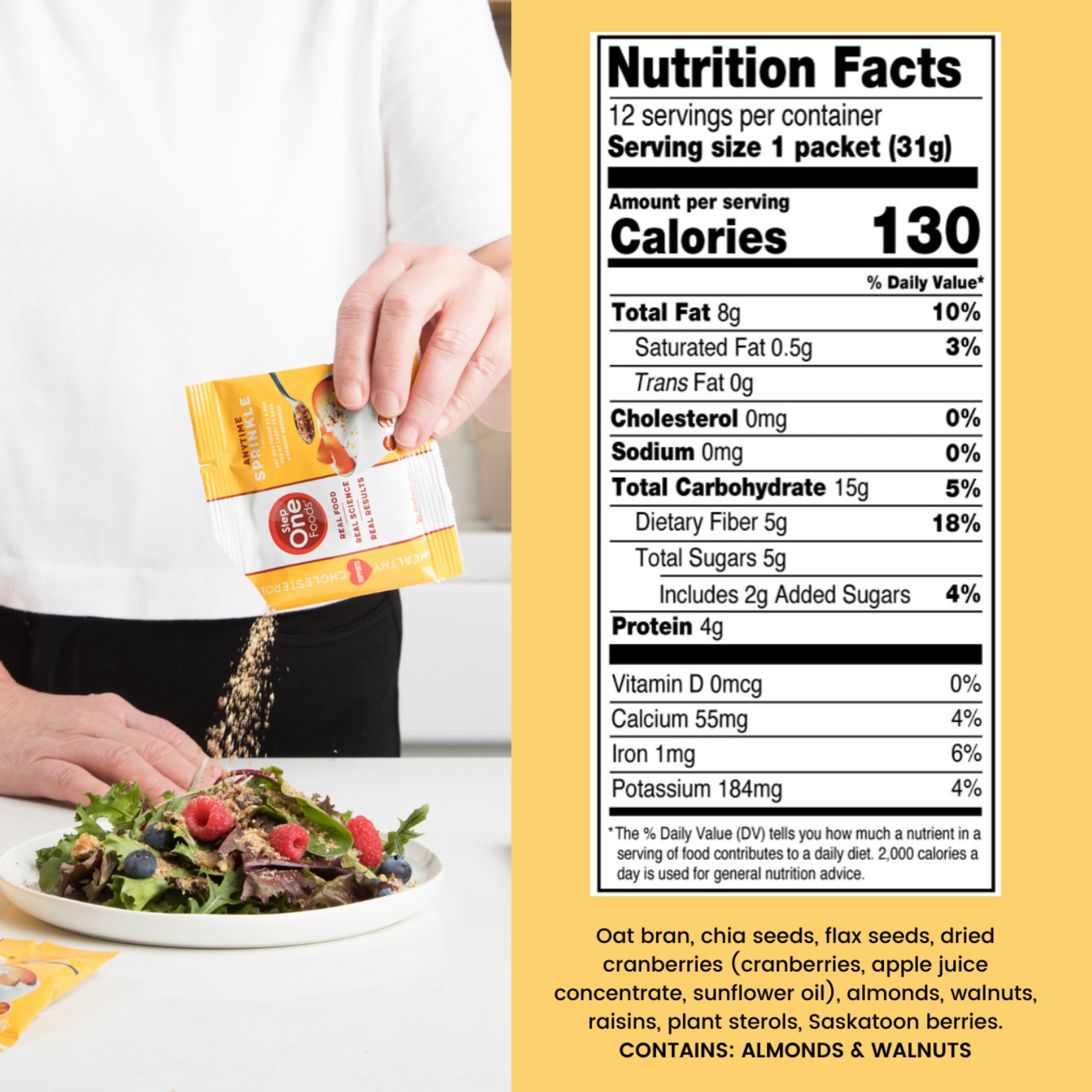 Step One Foods Anytime Sprinkle yogurt bowl topping enhances taste and fiber.