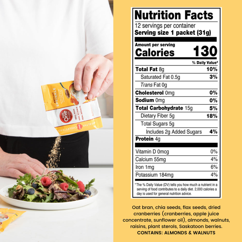 Step One Foods Anytime Sprinkle yogurt bowl topping enhances taste and fiber.