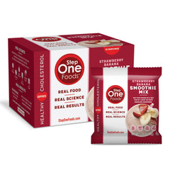 Step One Foods Strawberry Banana Smoothie Mix packaging with single-serve pods for quick heart-healthy snacking.