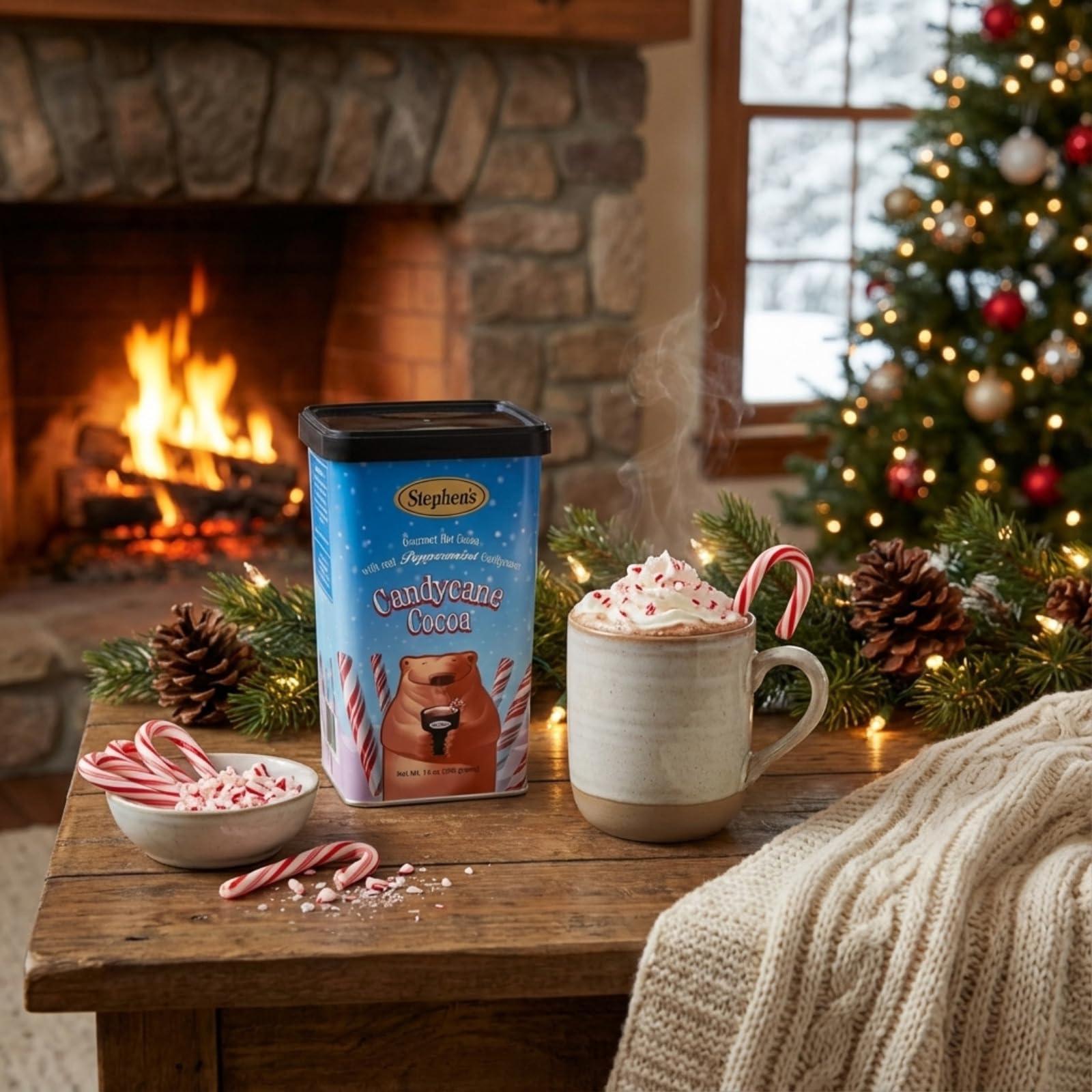 Stephen's hot cocoa canister on a shelf ready to stock your pantry.