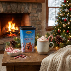 Stephen's hot cocoa canister on a shelf ready to stock your pantry.