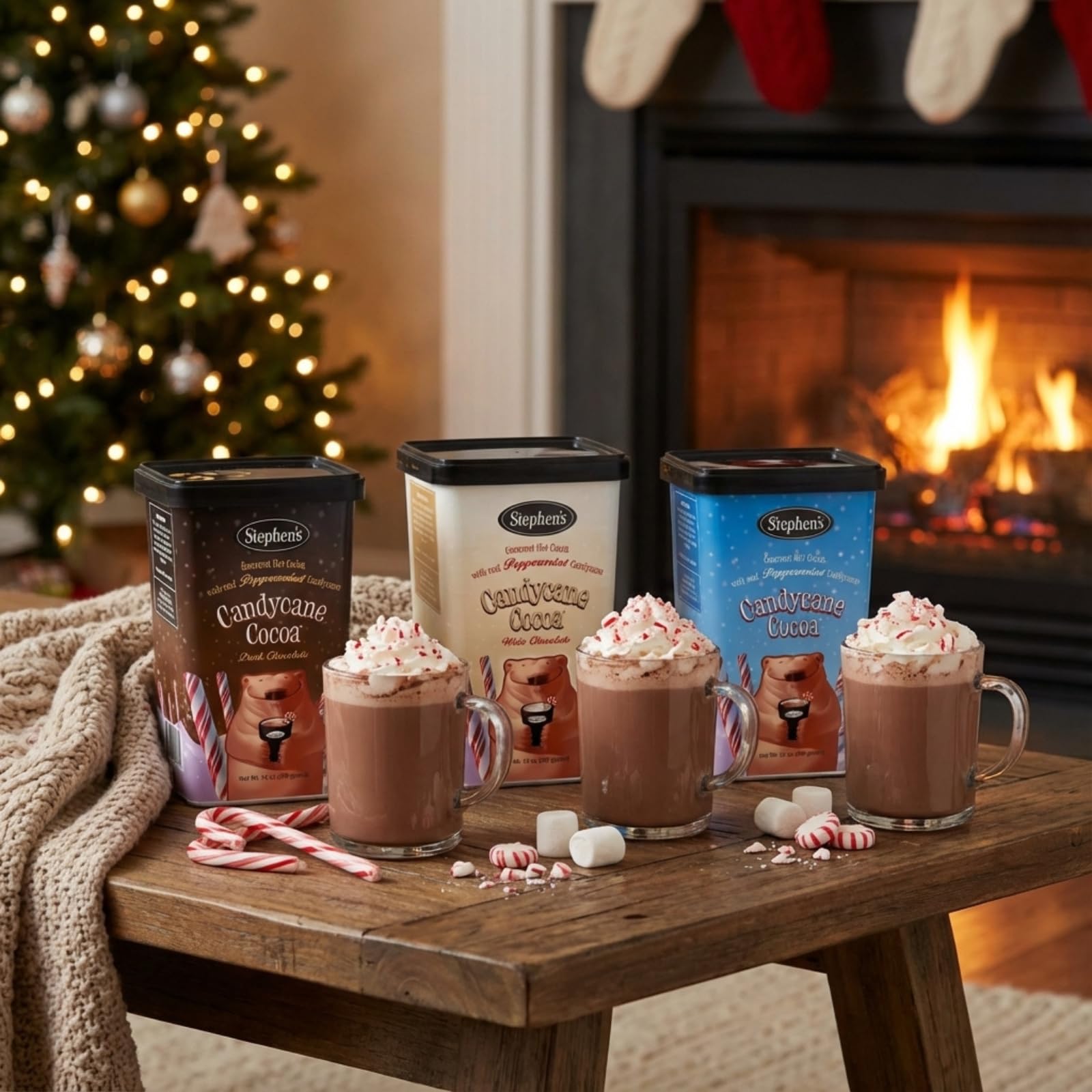Shelf display of Stephen's cocoa invites festive gifting and sharing.