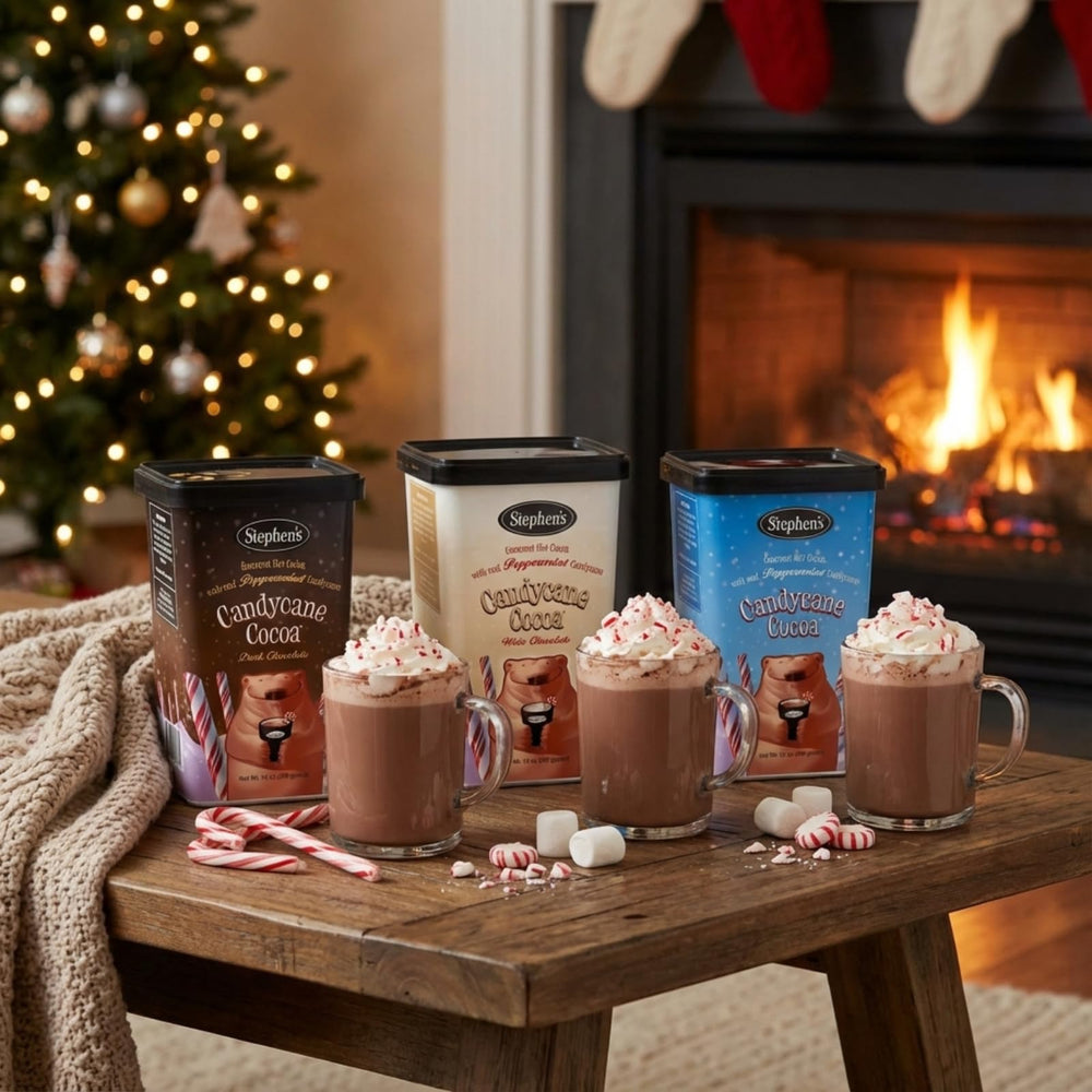 Shelf display of Stephen's cocoa invites festive gifting and sharing.