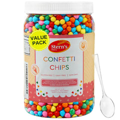 Sterns Bakery rainbow candy coated chips in a jar ideal for cake decorating and baking