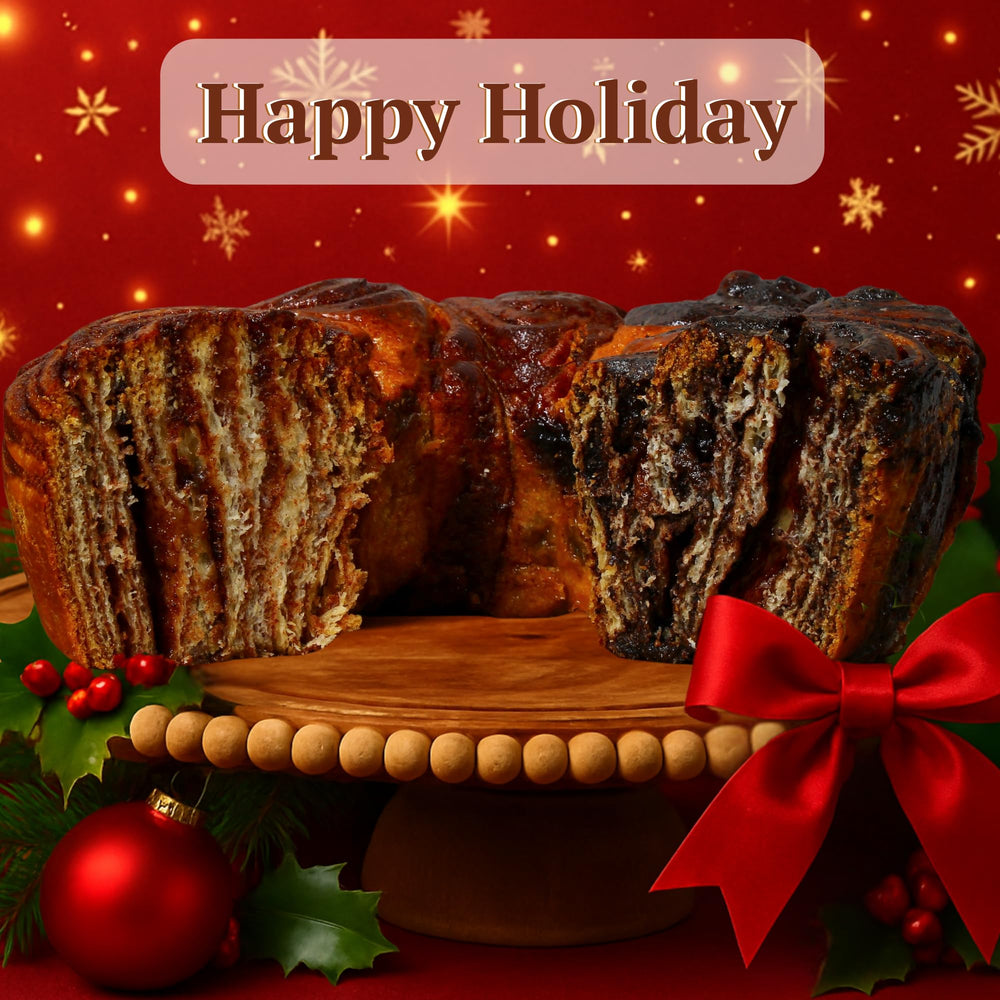 Sterns Bakery Babka swirled texture close up showcases rich chocolate and cinnamon filling.