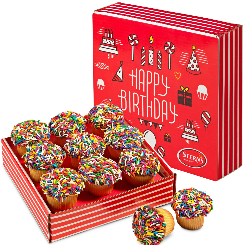 Stern's Bakery birthday gift basket with nine mini rainbow cupcakes in a festive box.