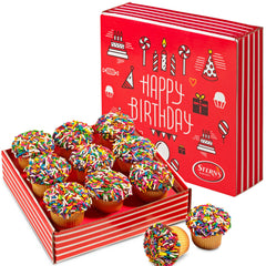 Stern's Bakery birthday gift basket with nine mini rainbow cupcakes in a festive box.