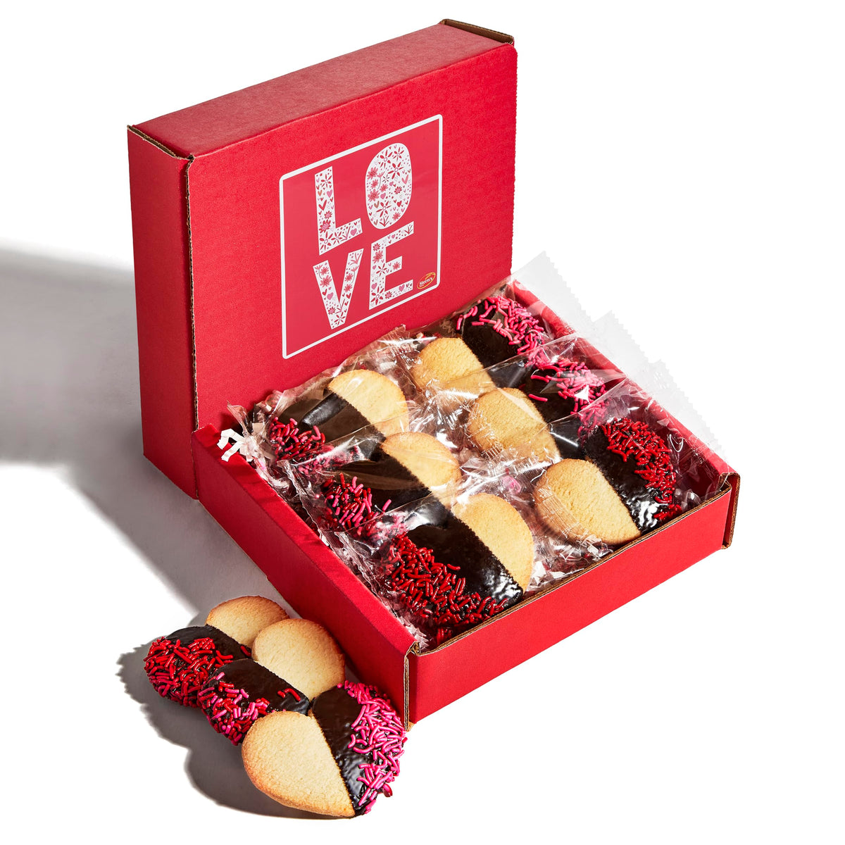 Stern's Bakery chocolate-dipped heart cookies with red sprinkles, ideal Valentine gift
