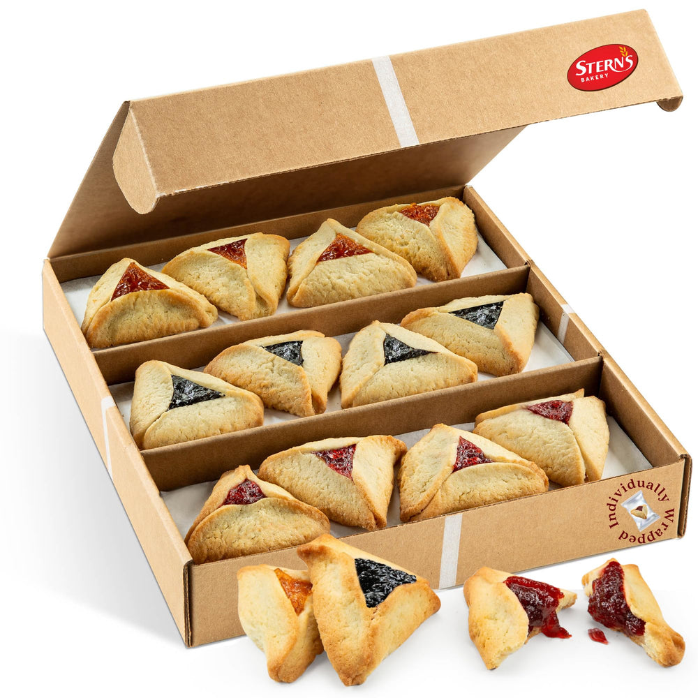 Sterns Bakery hamentaschen assorted wraps showcasing fruit filled pastries for Purim gifting