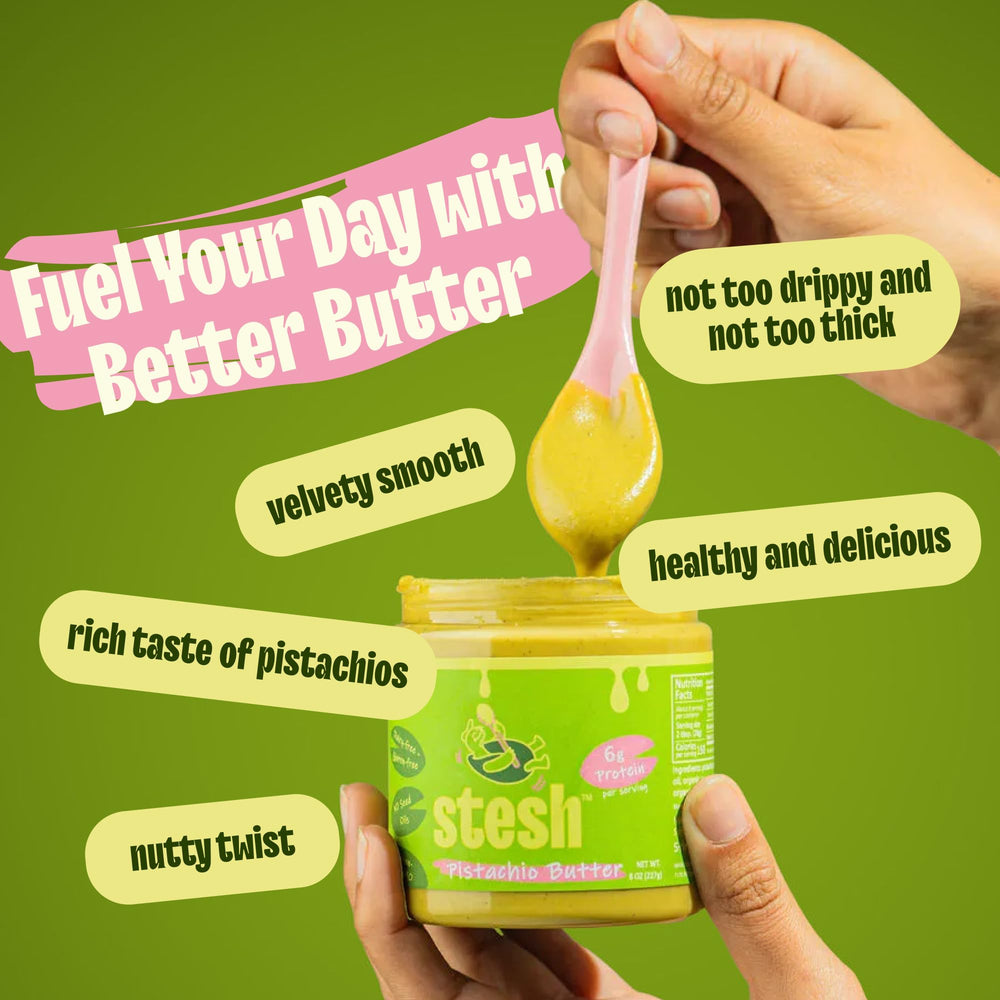 Stesh Pistachio Butter fruit drizzle enhances snacks and desserts.