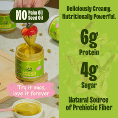 Stesh Pistachio Butter spread on toast boosts breakfast with nutty flavor.