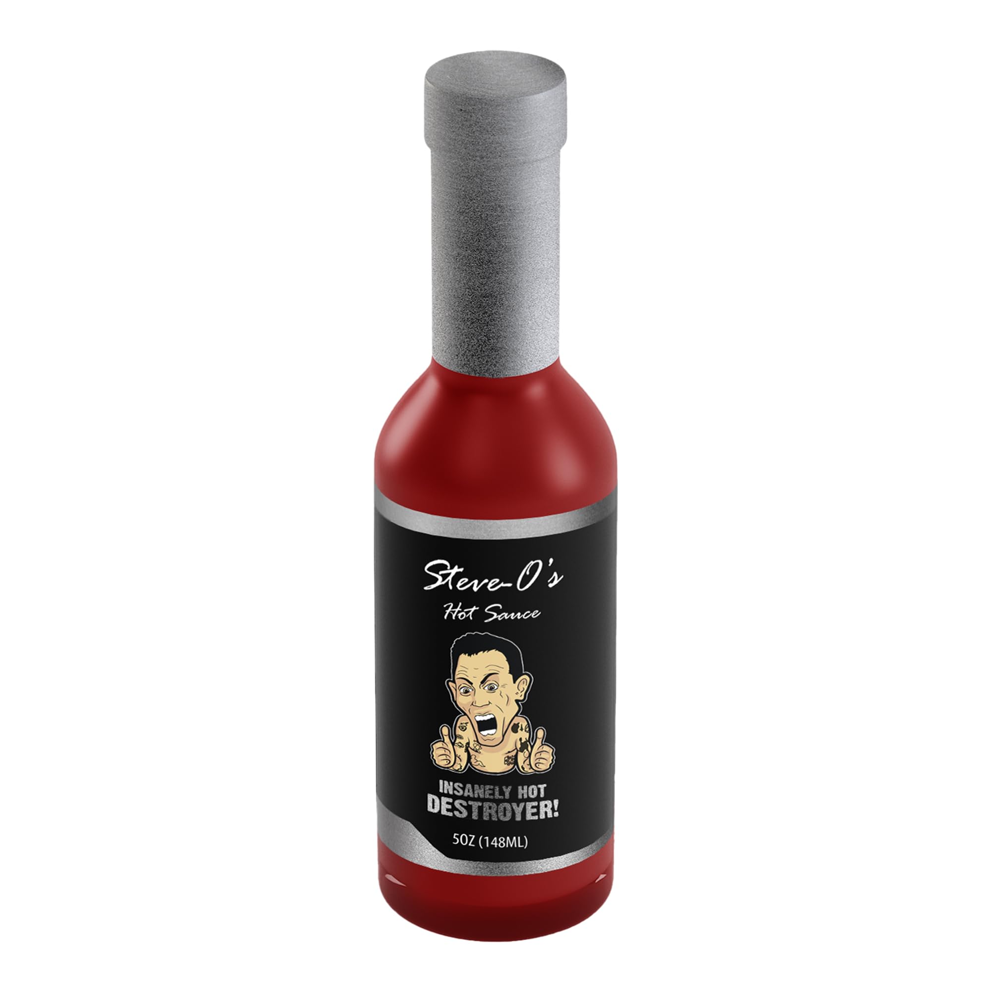 Steve-O's Destroyer hot sauce bottle front for bold heat and garlic flavor