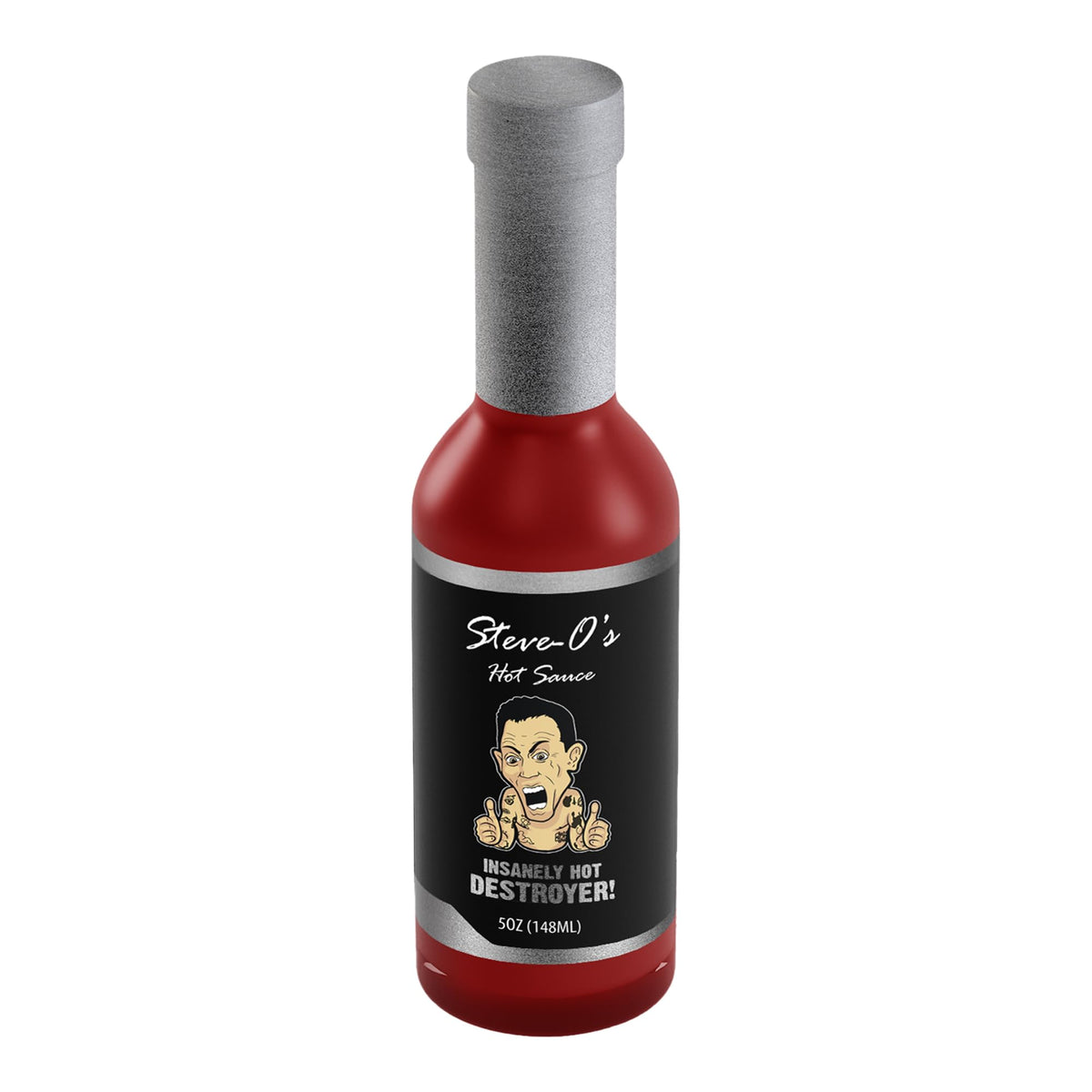 Steve-O's Destroyer hot sauce bottle front for bold heat and garlic flavor