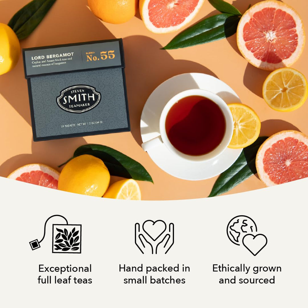 Sustainably grown Lord Bergamot No. 55 tea leaves harvested in small batches.