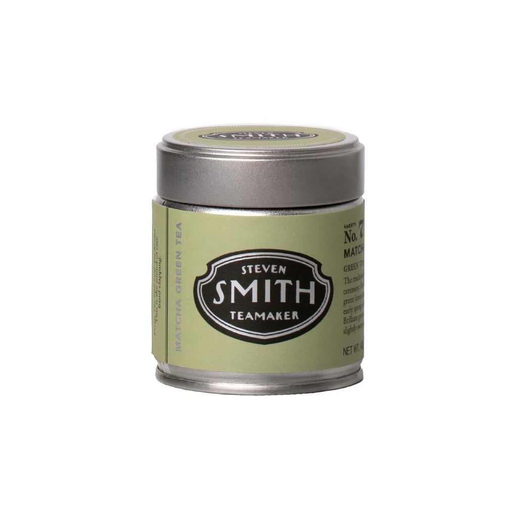 Steven Smith Teamaker Matcha No. 7 tin with brilliant green powder for premium ceremonial tea.