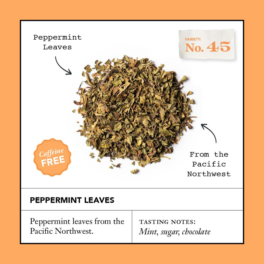 Steeping Peppermint Leaves No. 45 tea bag to reveal caffeine-free mint aroma